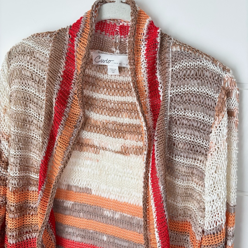 Curio New York Striped Open Front Long Knit Cardigan Sweater Medium - Picture 3 of 14